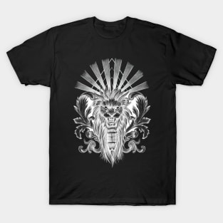 Lion Singing into Microphone with Baroque Leaves and Sunrays T-Shirt